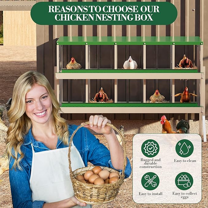 10 Hole Chicken Nesting Box with Roll Out Egg Tray, Rustproof &amp; Ventilated Chicken Laying Boxes for Hens, Chickens, Ducks | Easy-Clean Poultry Coop Accessories, Green with Stand