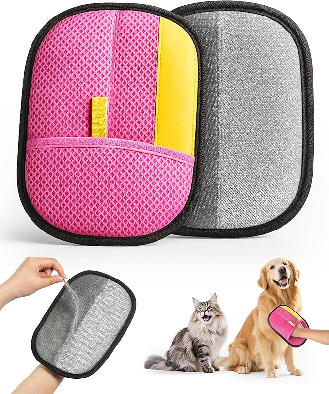 2025 Thickened Electrostatic Pet Hair Removal Gloves (2 Pcs) - Reusable Strong Grooming Gloves for Cats &amp; Dogs, Hair Remover for Couch, Furniture, Carpet, Car Seats &amp; Clothing (Pink)