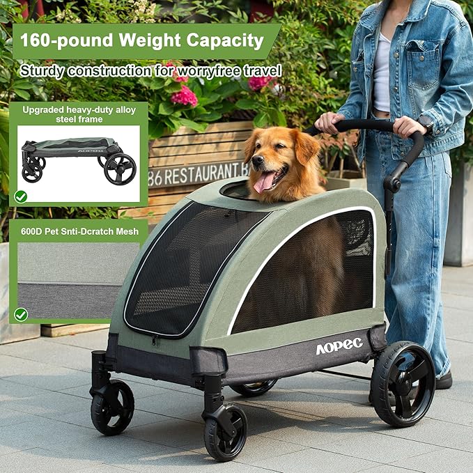 Large Dog Stroller - Dual Entry Safety Folding Pet Stroller with Adjustable Handle, All-Terrain 4-Wheel, 160 lbs Weight Capacity for Travel &amp; Outdoor Adventures - Green