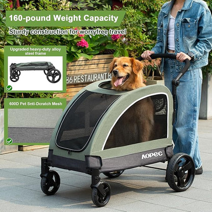 Large Dog Stroller - Dual Entry Safety Folding Pet Stroller with Adjustable Handle, All-Terrain 4-Wheel, 160 lbs Weight Capacity for Travel &amp; Outdoor Adventures - Green