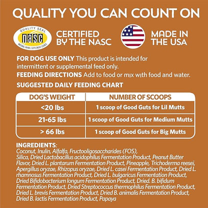 Fidobiotics Good Guts for Big Mutts Probiotic for Dogs, 12 Billion CFUs, 11 Strains, 5 Digestive Enzymes, 2 Prebiotics, Digestive Gut Health for Dogs, Adult &amp; Puppy Probiotics Supplements (20 Days)