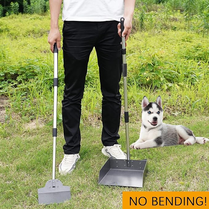 Pooper Scooper, Metal Aluminum Tray and Spade Poop Scoop Set with Adjustable Stainless Steel Long Handle, Pet Waste Removal Heavy Duty Poop Scooper (Small Tray&amp;Spade)