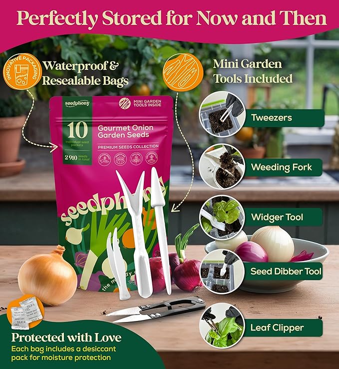 10 Gourmet Onion Seeds for Planting Variety Pack - 2,900+ Non-GMO Heirloom Vegetable Seeds for Growing Indoor &amp; Outdoor: Red Burgundy, Leek, Walla Walla, Grano White &amp; Yellow Sweet Spanish