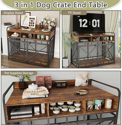 Dog Crate Furniture, 48" Heavy Duty Wooden Dog Crate End Table, XL Dog Kennel Furniture Large Breed, Decorative Dog Kennel Indoor with 3 Drawers &amp; Steel Tubes 48" L x28 W x38 H (Rustic Brown)