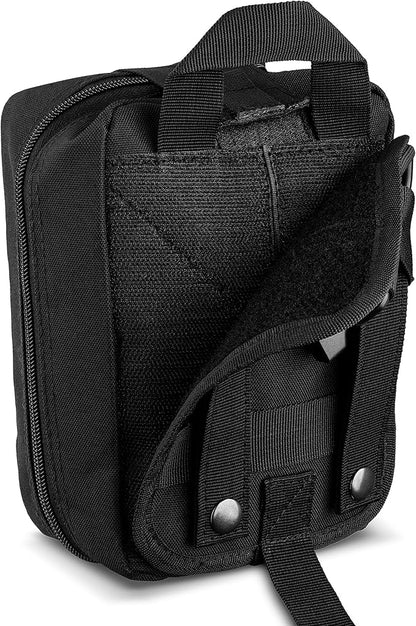 Scherber Premium IFAK Kit Trauma Pack | HSA/FSA Approved | Fully Stocked MOLLE Pouch w/CAT Tourniquet, HyFin Chest Seal, &amp; Israeli Bandage | Trauma Kit for Gunshot, Bleeding, Major Wound Care (Black)