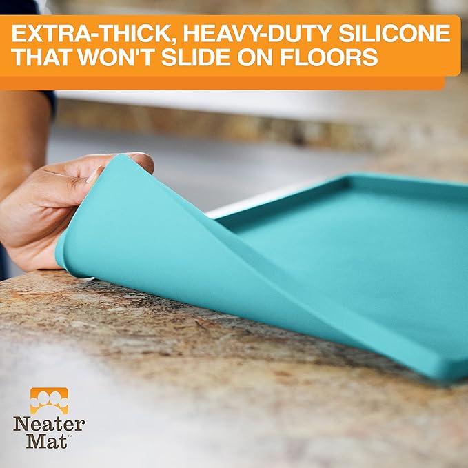 Neater Pet Brands Neater Mat Pet Mats for Food and Water, Cat &amp; Dog Bowl Mat Waterproof Silicone, Feeding Tray, Dog Food Mats for Floors, Placemat w/Raised Edge for Under Bowls, 32" x 24", Aquamarine