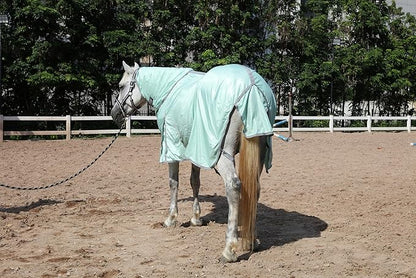 Horse Fly Sheet with Detachable Neck Cover &amp; Belly Wrap, Adjustable Fly Sheet for Horses, Ventilated Airflow Mesh Equine Cooling Summer Flysheet Green 81