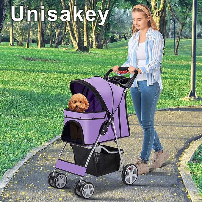 4 Wheels Pet Stroller for Small Medium Dogs Cats 10-33 lbs, Foldable Dog and Cat Stroller with Cup Holder &amp; Storage Basket &amp; Breathable Mesh, Pet Strolling Cart for All-Season, Purple