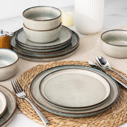 GBHOME Ceramic Dinnerware Sets for 6, 18 Pieces Stoneware Plates and Bowls Sets, Reactive Glaze Dishes -Scratch Resistant, Dishwasher&amp;Microwave Safe, Green Wheat