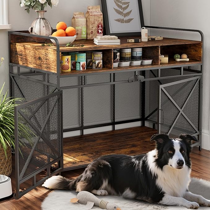 Dog Crate Furniture, 48" Heavy Duty Wooden Dog Crate End Table, XL Dog Kennel Furniture Large Breed, Decorative Dog Kenne Indoor with 3 Drawers &amp; Steel Tubes 48" L x28 W x36 H (Rustic Brown)