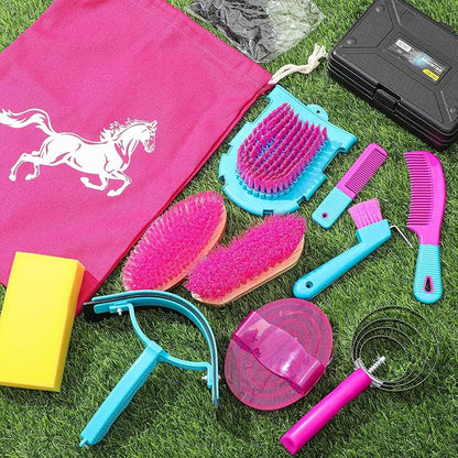 Abbylike 12 Pieces Horse Grooming Kit Racing Festival Tack Room Supplies Horse Brush Sets Equine Care Cleaning Kit Shedding Grooming Massaging Tools(Rose Red)