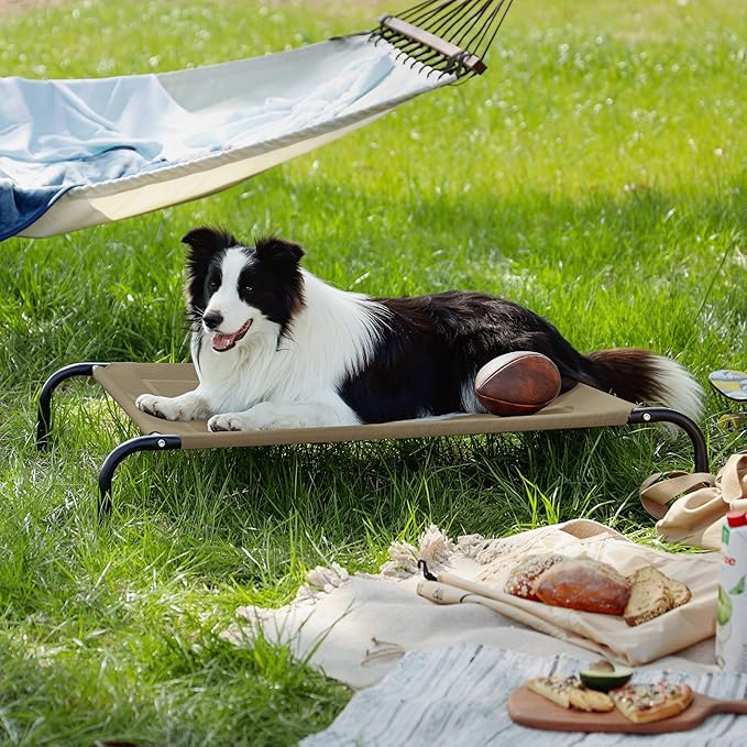 Bedsure Outdoor Elevated Dog Bed Large Sized Dog, Portable Indoor &amp; Outdoor Cooling Raised Cot Pet Hammock Bed with Skid-Resistant Feet, Frame with Breathable Mesh, Brown, 49 inches