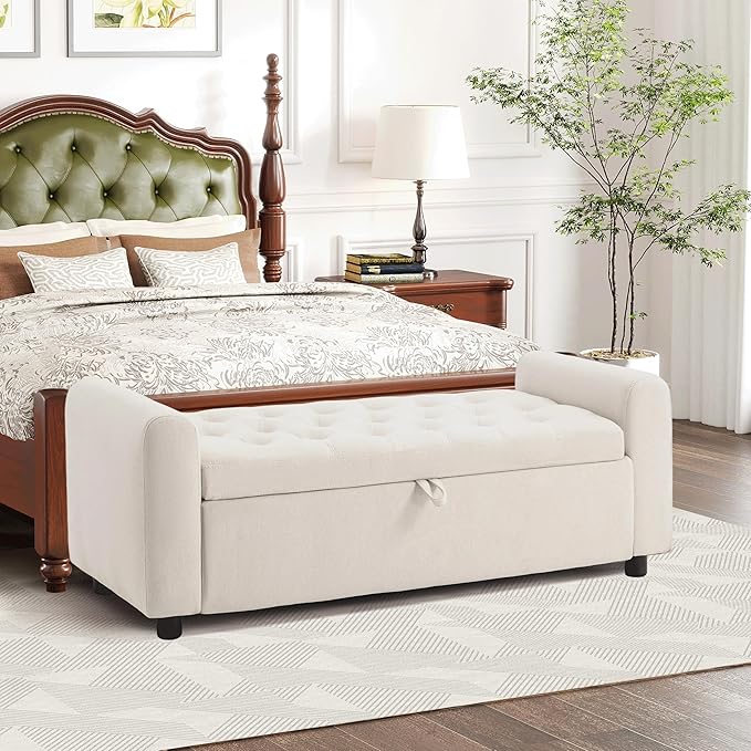 Ottoman with Storage, Tufted Storage Bench for Bedroom, 48" Fabrics End of Bed Bench, Upholstered Entryway Shoe Benches with Rolled Arm &amp; Inner Zipper, Window Ottomans Chest without Rivets, Beige