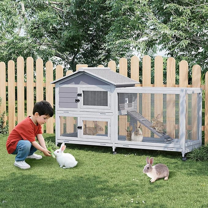 Rabbit Hutch 2-Tier, Small Wooden Chicken Coop with Wheels for Outdoor Use - Weatherproof Small Animal Hutch with Non-Slip Ramp, 4 Access Doors &amp; Removable Tray for Rabbits, Guinea Pigs, Ferrets