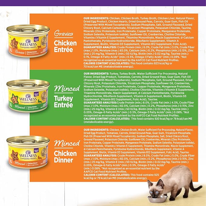Wellness Complete Health Gravy &amp; Minced Adult Wet Cat Food, Natural, Protein-Rich, Grain-Free, 3 Ounce, 24 Pack, (Chicken &amp; Turkey Lovers Variety Pack)