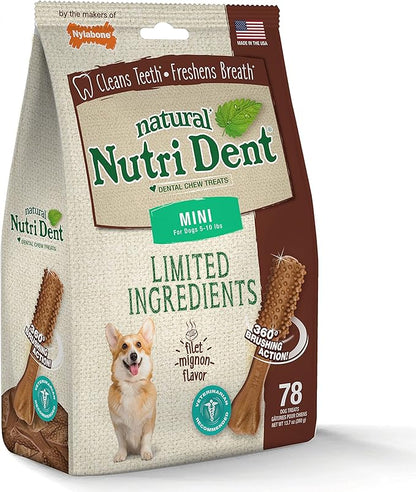 Nylabone Nutri Dent Dog Dental Treats - Natural Dog Teeth Cleaning &amp; Breath Freshener - Dental Treats for Dogs - Filet Mignon Flavor, Mini (78 Count)