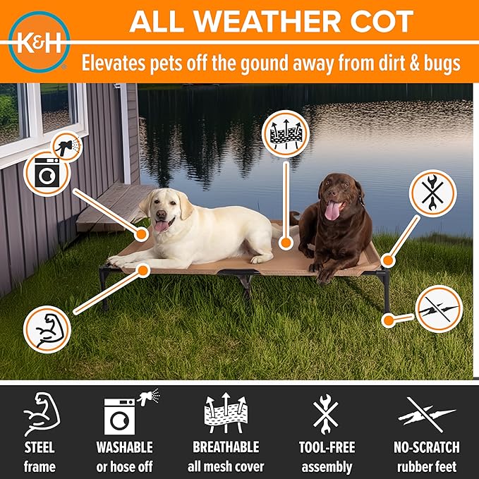 K&amp;H Pet Products Outdoor Elevated Dog Cot, Cooling Raised Bed with Waterproof Breathable Mesh for Large Dogs, Portable Place Bed with Heavy-Duty Metal Frame, Oversized Hammock Style - Jumbo Tan