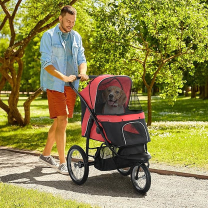 PawHut 3 Wheels Pet Stroller for Small and Medium Dogs, Foldable Cat Stroller Jogger with Adjustable Canopy, Safety Tether, Cushion, Storage Basket, Red