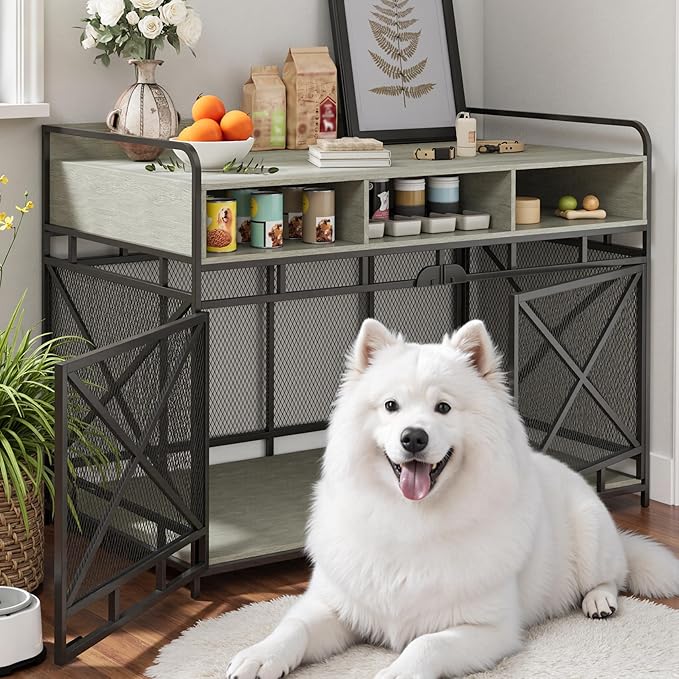 Dog Crate Furniture, 48" Heavy Duty Wooden Dog Crate End Table, XL Dog Kennel Furniture Large Breed, Decorative Dog Kennel Indoor with 3 Drawers &amp; Steel Tubes 48" L x28 W x36 H (Grey)