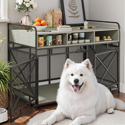 Dog Crate Furniture, 48" Heavy Duty Wooden Dog Crate End Table, XL Dog Kennel Furniture Large Breed, Decorative Dog Kennel Indoor with 3 Drawers &amp; Steel Tubes 48" L x28 W x36 H (Grey)