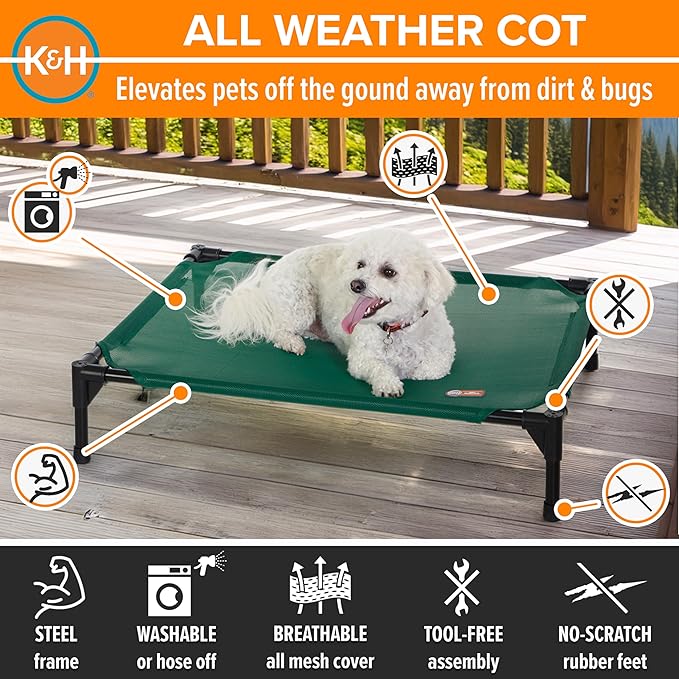 K&amp;H Pet Products Outdoor Elevated Dog Cot, Cooling Raised Bed with Waterproof Breathable Mesh for Medium Dogs, Portable Place Bed with Heavy-Duty Metal Frame &amp; Hammock Style Cover - Medium Green