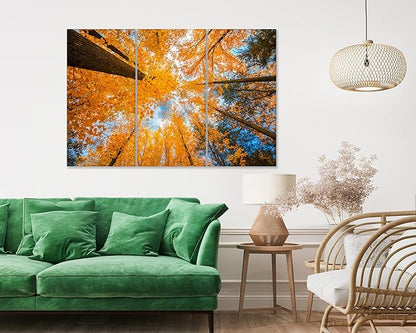 Nature Wall Art Prints - Ocean Forest Mountain Lake Canvas Landscapes - Small to Extra Large Living Room Bedroom Kitchen Bathroom Décor (Blue Sky Through Yellow Autumn Trees, 35L" x 53W" - 3 Panels)