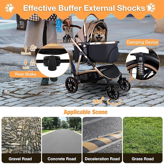 Dog Stroller for Small Medium Dogs, 3 in 1 Folding Pet Stroller Up to 33 lbs, 4 Wheels Pet Strolling Cart with Zipperless Entry, Cat Dog Travel Carrier with Cup Holder &amp; Storage Basket