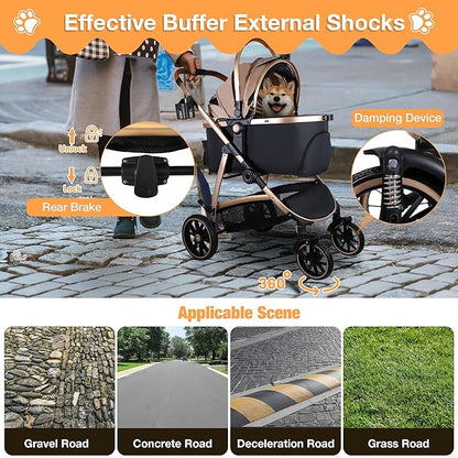 Dog Stroller for Small Medium Dogs, 3 in 1 Folding Pet Stroller Up to 33 lbs, 4 Wheels Pet Strolling Cart with Zipperless Entry, Cat Dog Travel Carrier with Cup Holder &amp; Storage Basket