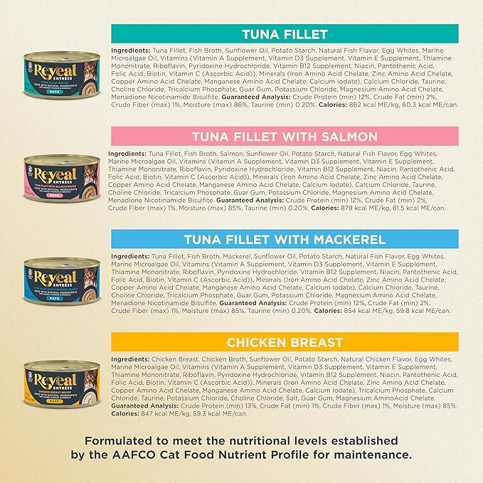 Reveal Entrées Natural Wet Cat Food Paté, Grain-Free with Added Vitamins &amp; Minerals, Carrageenan-Free Variety Selection in Pate (20 x 2.47 oz cans)
