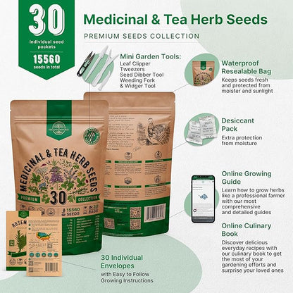 Organo Republic 30 Medicinal &amp; Tea Herb Seeds Variety Pack 15,560+ Non-GMO Heirloom Garden Seeds for Indoor &amp; Outdoors, Including Anise, Bergamot, Borage, Cilantro, Chamomile, Dandelion Seeds