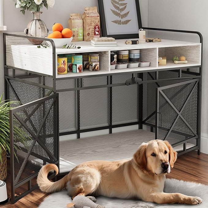 Dog Crate Furniture, 48" Heavy Duty Wooden Dog Crate End Table, XL Dog Kennel Furniture Large Breed, Decorative Dog Kennel Indoor with 3 Drawers &amp; Steel Tube 48"L x28"W x36"H (White and Black)
