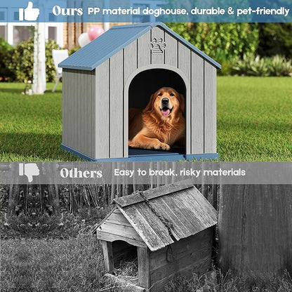 Large Outdoor Plastic Dog House - Indoor Outdoor Use for Medium &amp; Large Dogs, Durable Waterproof Doghouse with Air Vents, Elevated Floor, Easy to Clean &amp; Assemble(Blue2, 36.2&