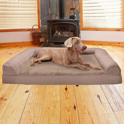Furhaven Cooling Gel Dog Bed for Large Dogs w/ Removable Bolsters &amp; Washable Cover, For Dogs Up to 125 lbs - Plush &amp; Suede Sofa - Almondine, Jumbo Plus/XXL