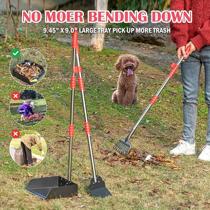 Dog Pooper Scooper Set, Pooper Scooper for Dog, Heavy Duty Stainless Steel Rake with Extra Large Tray &amp; Spade No Bending Clean Up for Pet Waste Removal, for Grass, Dirt Or Gravel.