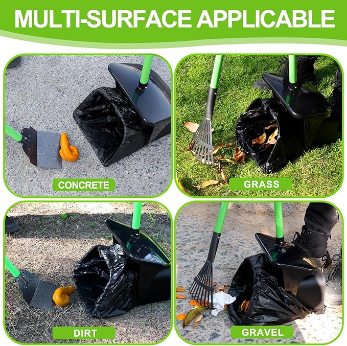 LANNEY Pooper Scooper - 38" Long Adjustable Metal Handle Dog Pooper Scooper Swivel Bin &amp; Rake &amp; Spade with 50 Bags Attachment, Portable Heavy Duty Dog Poop Scooper for Yard Dogs Large Medium Small