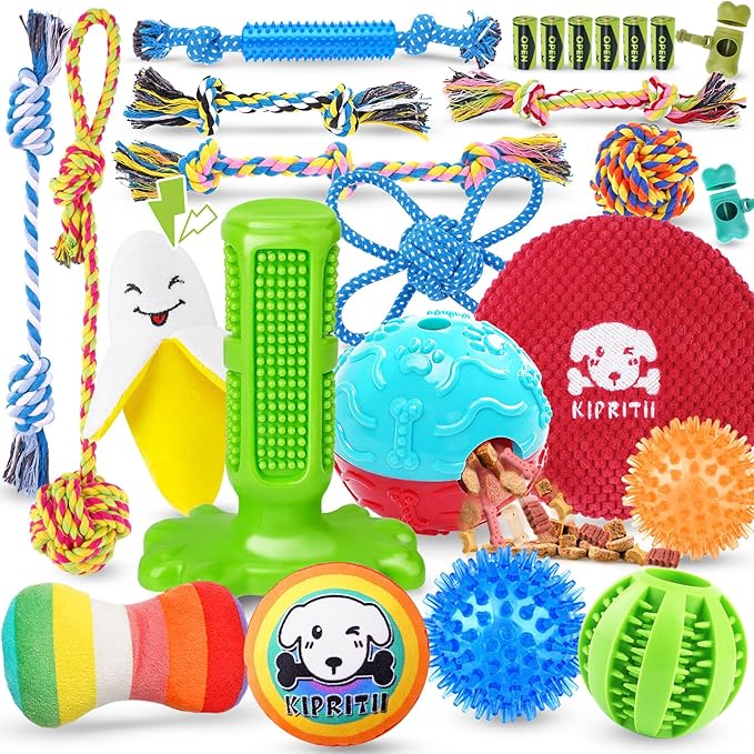 KIPRITII 25 Pack Various Puppy Dog Toys for Teething, Entertainment &amp; Interaction, Puppy Chew Toys Pack with Rope Toy, Treat Balls and Dog Squeaky Toys for Puppies &amp; Small Dogs