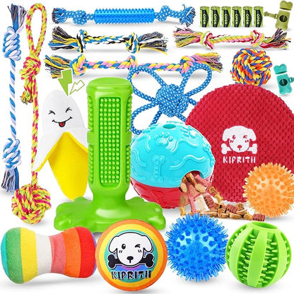 KIPRITII 25 Pack Various Puppy Dog Toys for Teething, Entertainment &amp; Interaction, Puppy Chew Toys Pack with Rope Toy, Treat Balls and Dog Squeaky Toys for Puppies &amp; Small Dogs