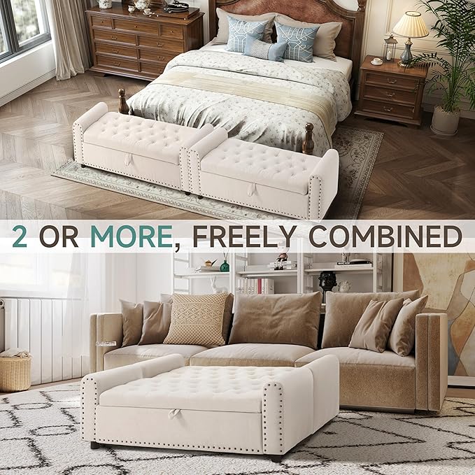 Ottoman with Storage, Tufted Storage Bench for Bedroom, 48" Fabrics End of Bed Bench, Upholstered Entryway Shoe Benches with Rolled Arm &amp; Inner Zipper, Window Ottomans Chest with Rivets, Beige
