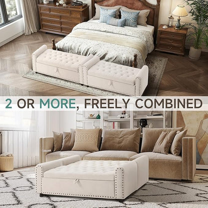 Ottoman with Storage, Tufted Storage Bench for Bedroom, 48" Fabrics End of Bed Bench, Upholstered Entryway Shoe Benches with Rolled Arm &amp; Inner Zipper, Window Ottomans Chest with Rivets, Beige