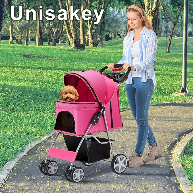 4 Wheels Pet Stroller for Small Medium Dogs Cats 10-33 lbs, Foldable Dog and Cat Stroller with Cup Holder &amp; Storage Basket &amp; Breathable Mesh, Pet Strolling Cart for All-Season, Pink