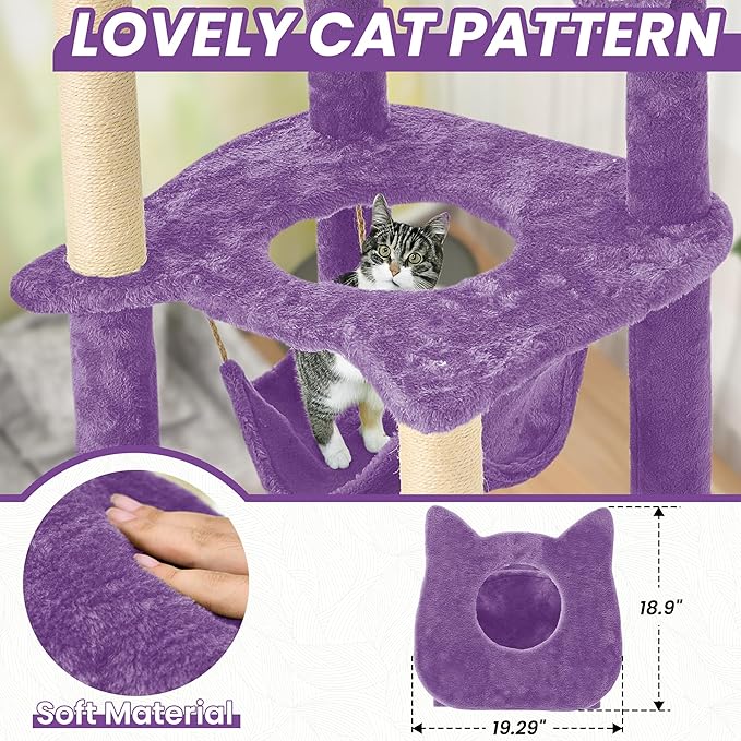 55 Inch Large Cat Tree Tower for Indoor Cats with Hammock Green Leaves Sisal Scratching Post, Plush Hang Ball Play Furniture for Kittens &amp; Adult Cats, New Purple