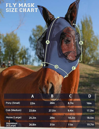 Horse Fly Mask with Ears, UV Protection Mask for Horses, Elasticity Mask with Big Mesh Eye Covers, Snug Fitting Comfortable Breathable Lightweight Navy Cob
