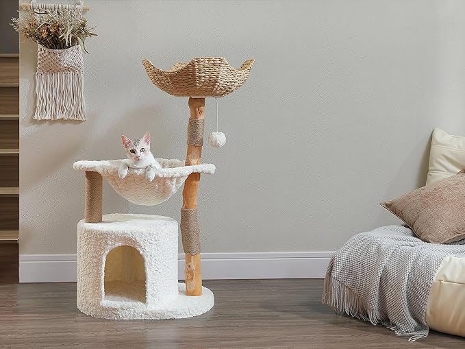 Modern Cat Tree for Large Cats, Wood Cat Tower for Indoor Cats, Real Branch Luxury Cat Furniture with Super Large Cozy Condo and Hammock &amp; Scratching Post, Top Basket, White