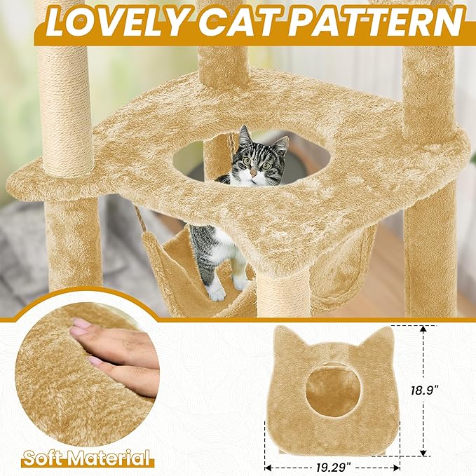 55 Inch Large Cat Tree Tower for Indoor Cats with Hammock Green Leaves Sisal Scratching Post, Plush Hang Ball Play Furniture for Kittens &amp; Adult Cats, New Beige
