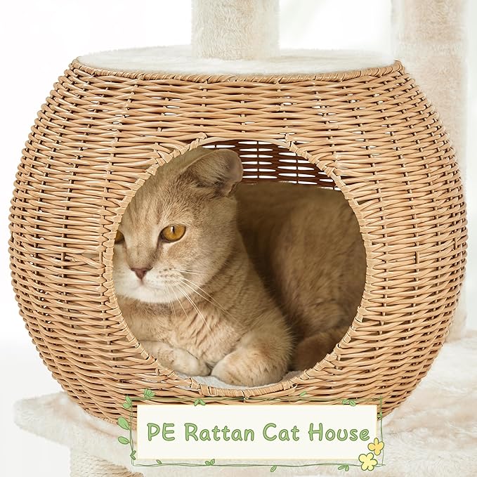 Yaheetech 54in Rattan Cat Tree, Modern Tower with Breathable Woven Condo, Scratching Posts &amp; Washable Cushions, Naturally Cool in Summer, Cute Furniture for Indoor Cats