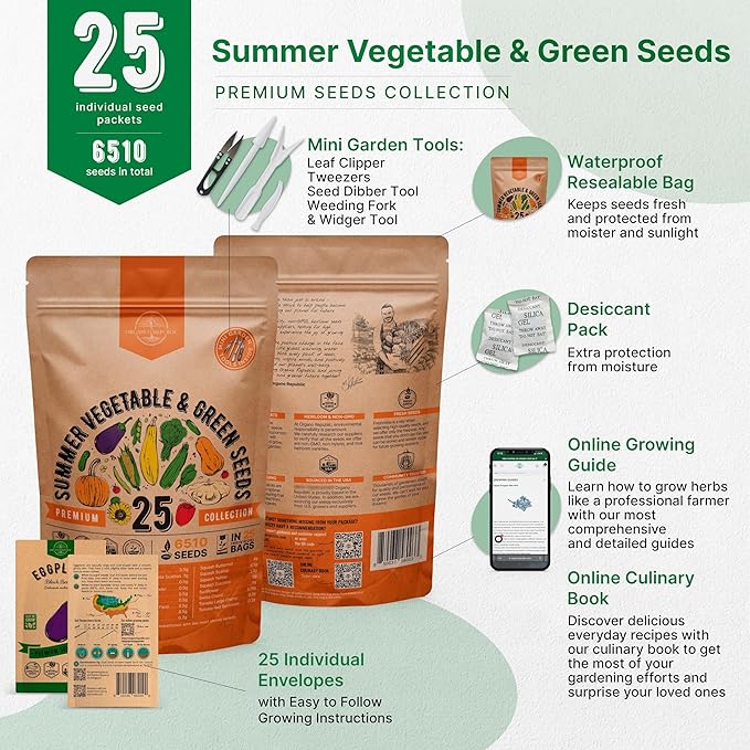 Organo Republic 25 Summer Vegetable Garden Seed Variety Pack - 6,510+ Non-GMO Heirloom Veggie &amp; Greens Seeds for Outdoors &amp; Indoor Home Garden, Including Collards, Pepper, Okra, Onion, Bean, Cucumber