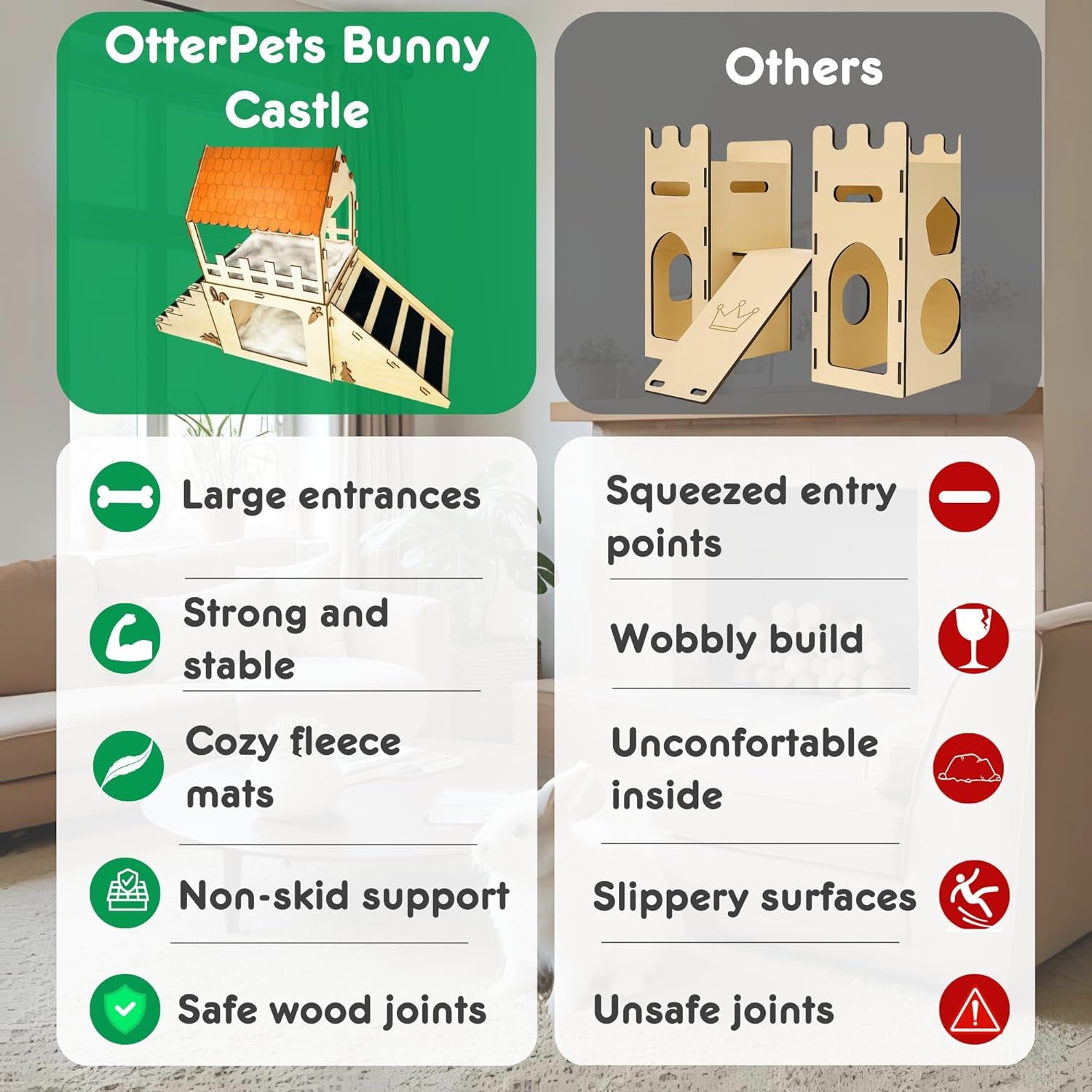 Rabbit Hideout House Wooden Bunny Castle for Small Pets Indoor Cage