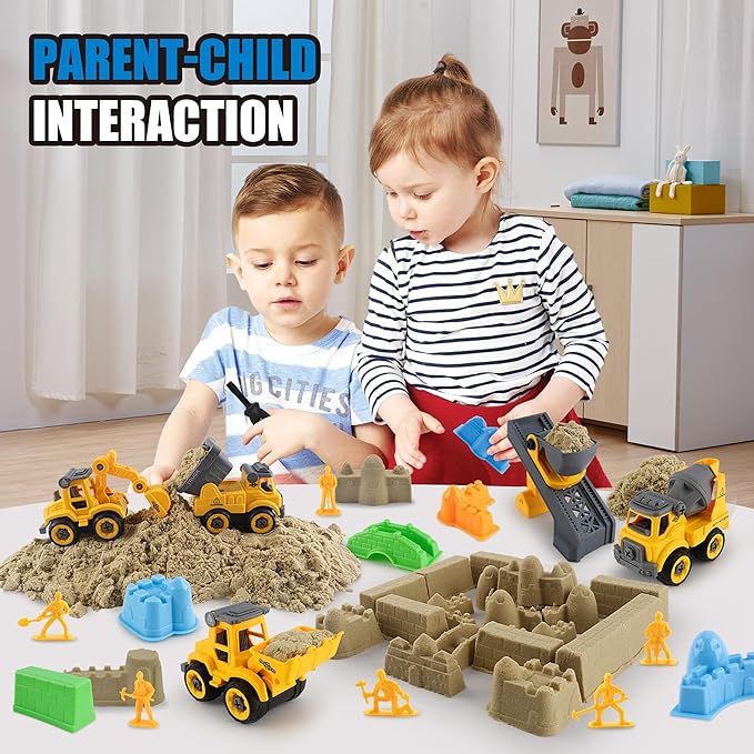 Construction Sandbox with Lid - 4 Vehicles with 1 Conveyor, 8 Castle Molds, 6 Figures &amp; 3lbs Moldable Sand - Preschool Sensory Bin for Fine Motor Skills, Ages 3-6