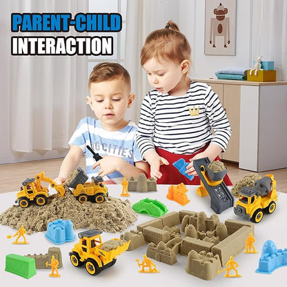 Construction Sandbox with Lid - 4 Vehicles with 1 Conveyor, 8 Castle Molds, 6 Figures &amp; 3lbs Moldable Sand - Preschool Sensory Bin for Fine Motor Skills, Ages 3-6