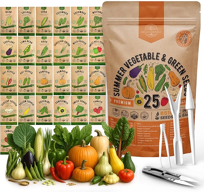 Organo Republic 25 Summer Vegetable Garden Seed Variety Pack - 6,510+ Non-GMO Heirloom Veggie &amp; Greens Seeds for Outdoors &amp; Indoor Home Garden, Including Collards, Pepper, Okra, Onion, Bean, Cucumber